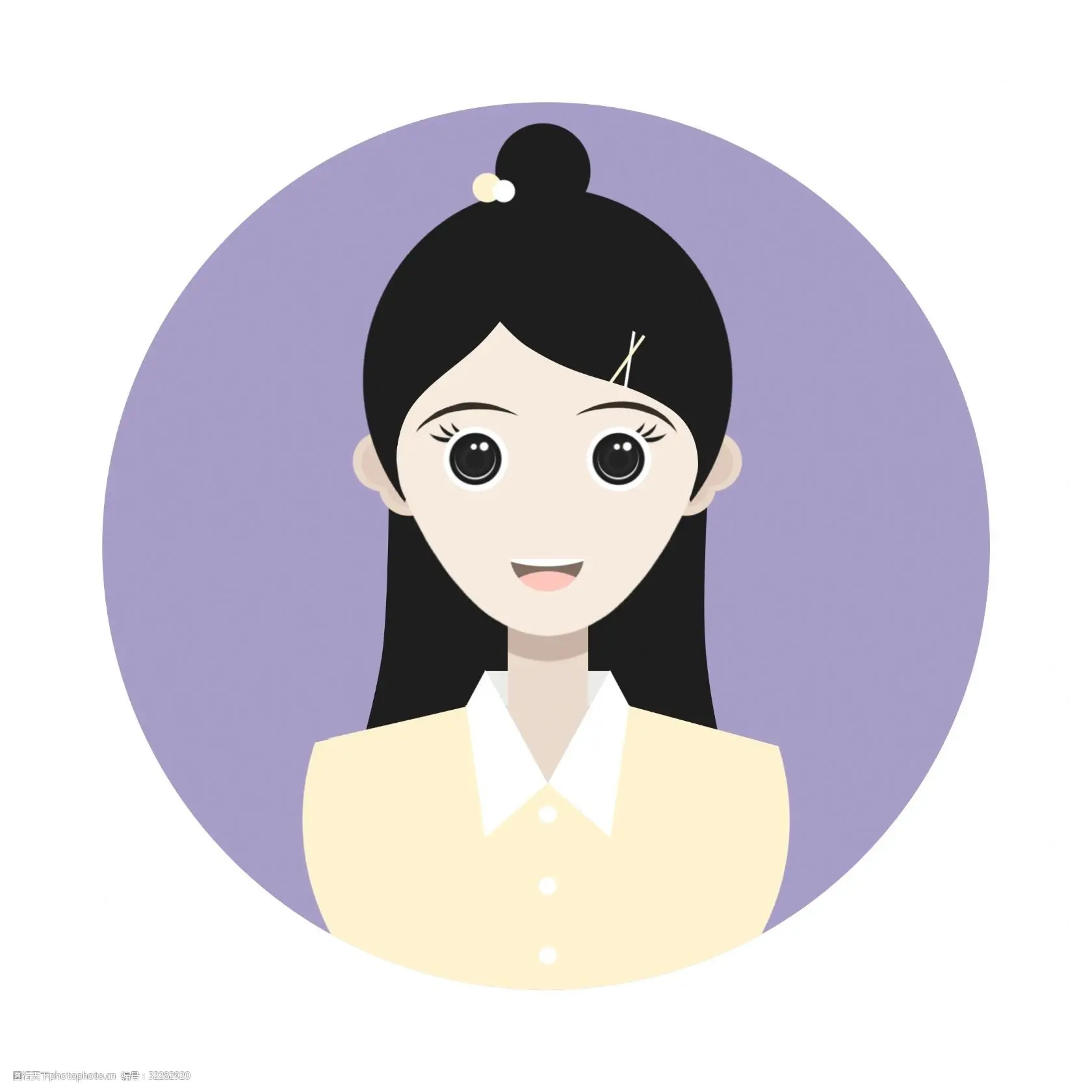 插图以紫色圆形背景为衬托,描绘了一位面带微笑的黑色长发女性,身穿乳白色上衣,领口为白色。.